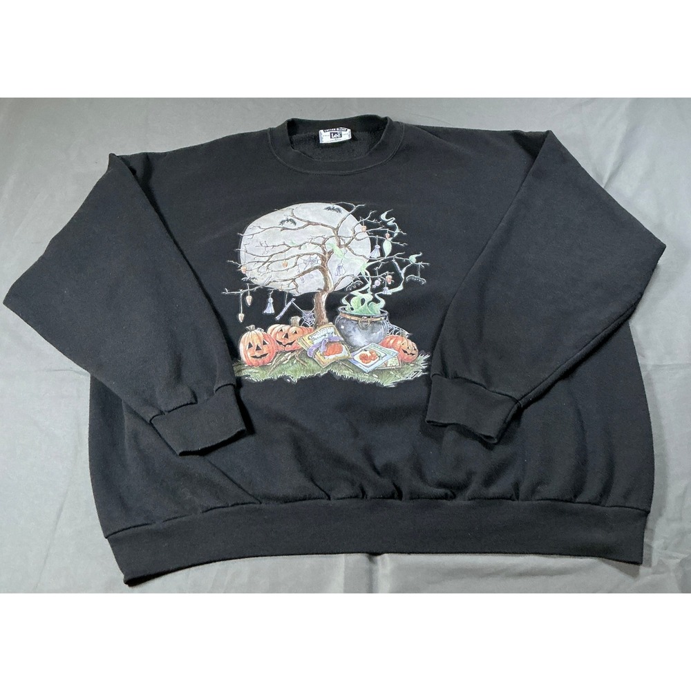 Lee Halloween Sweatshirt Womens 3X Black Pumpkins Cauldron Made in USA Vintage